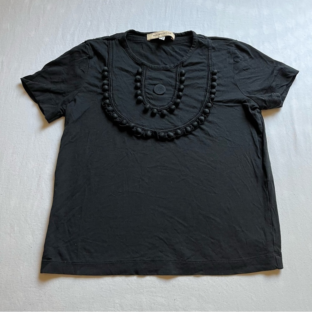 See by Chloe black pom pom bib trim short sleeve knit T-shirt